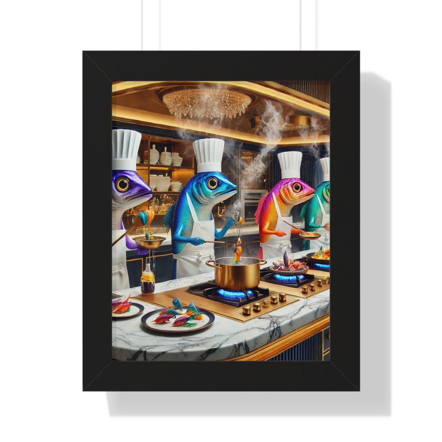 Framed Vertical Poster Colorful Sardines Working together in kitchen