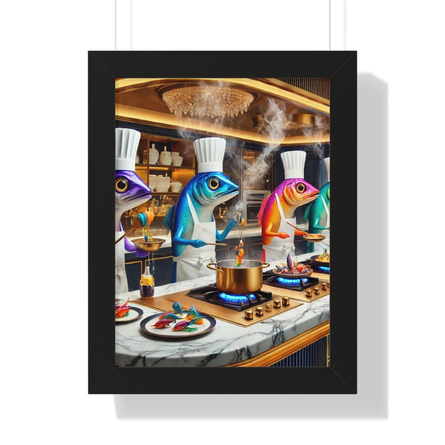 Framed Vertical Poster Colorful Sardines Working together in kitchen