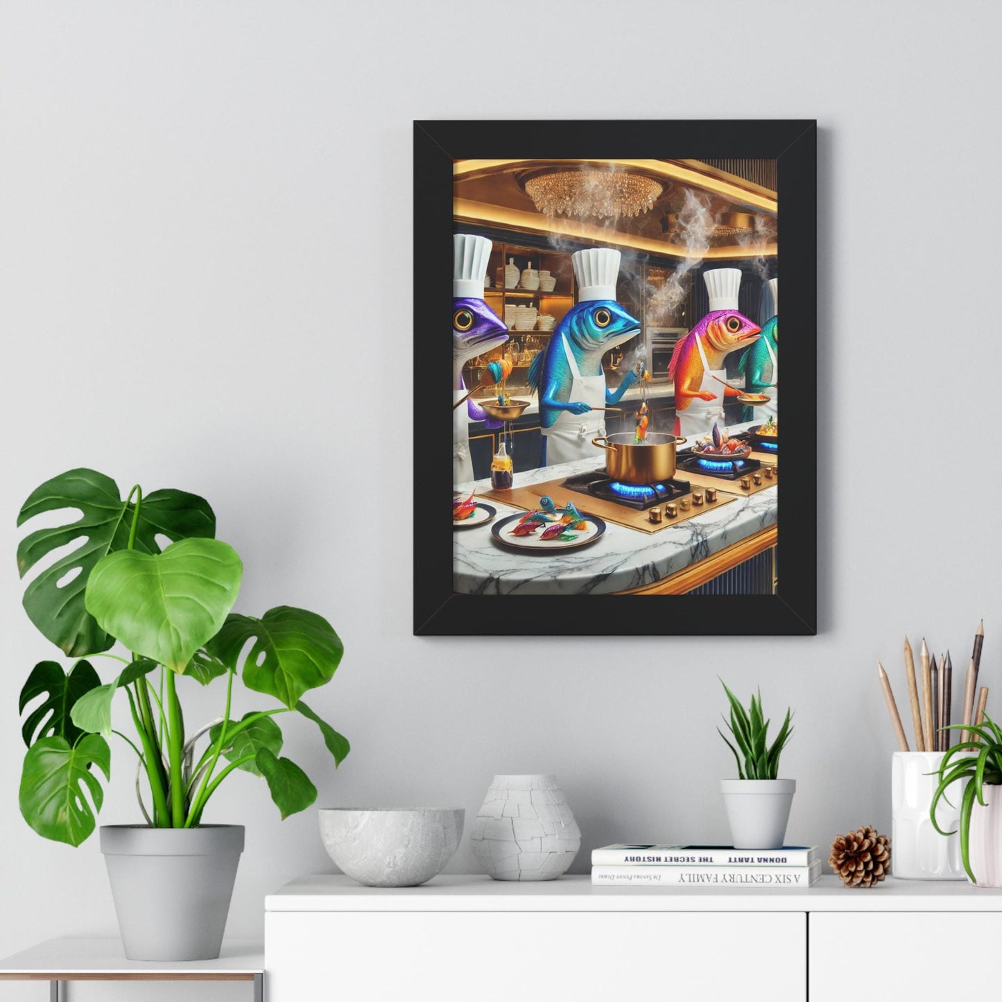 Framed Vertical Poster Colorful Sardines Working together in kitchen