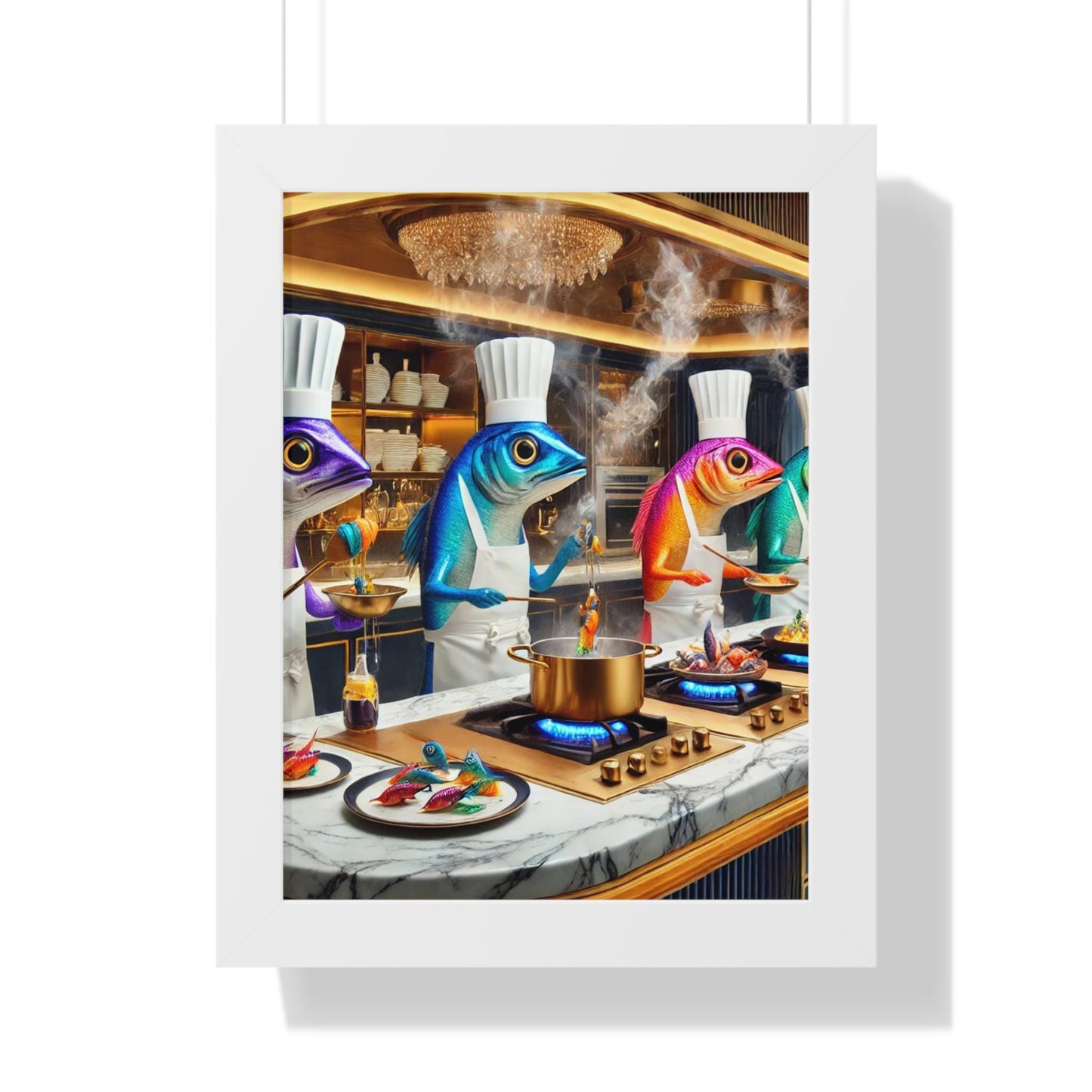 Framed Vertical Poster Colorful Sardines Working together in kitchen