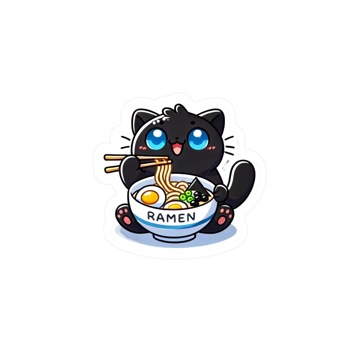 Cute Cartoon Kitty Eating Noodles