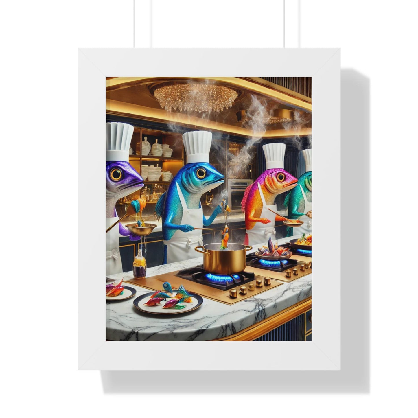 Framed Vertical Poster Colorful Sardines Working together in kitchen